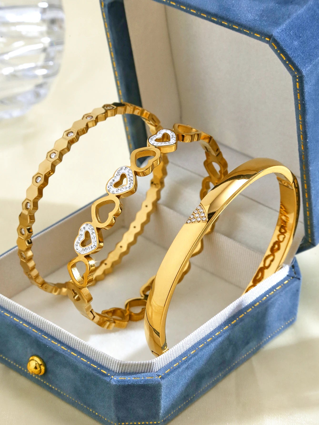 Gold Plated Stainless Steel Diamond-Encrusted Triangle Honeycomb and Heart-Shaped Bangle Bracelets for Women