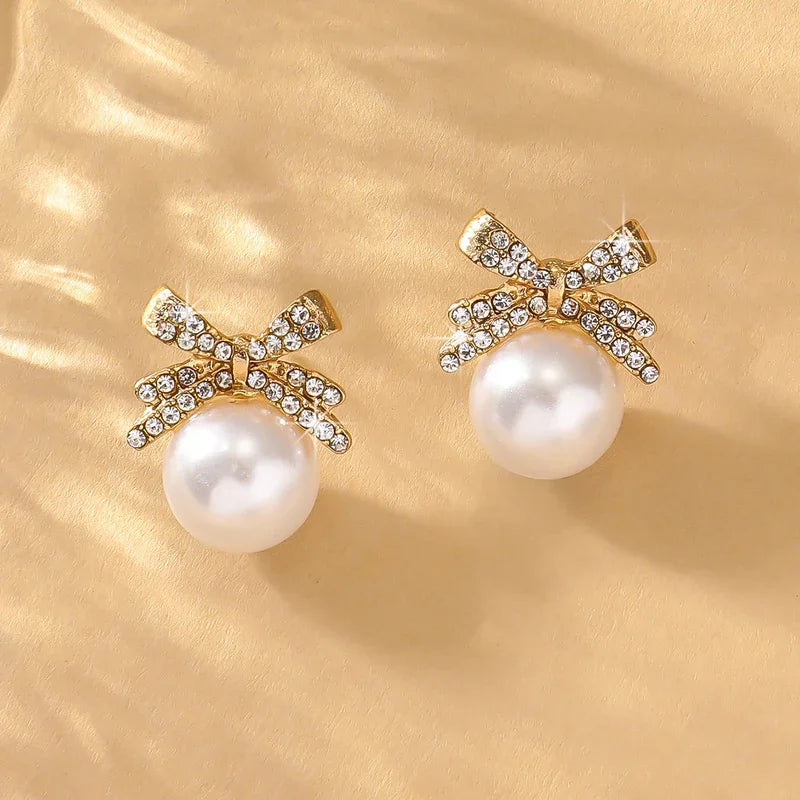 Crystal Diamond Bow Tie Pearl Drop Stud Earrings for Women