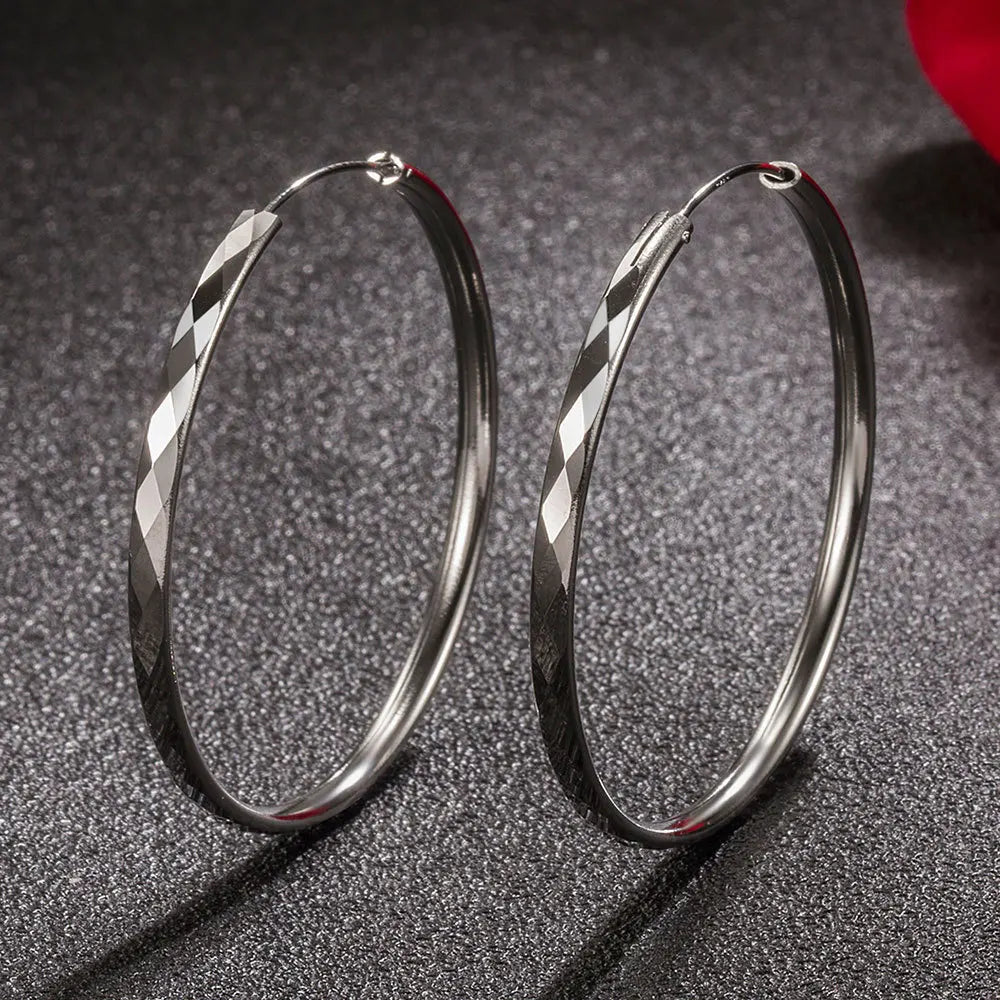 Silver Round Diamond Hoop Earrings for Women