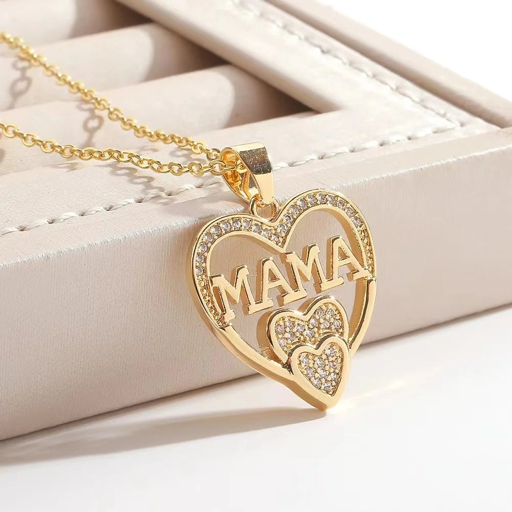 "MAMA" Zircon Heart with Two Tiny Hearts Pendant Necklace for Women