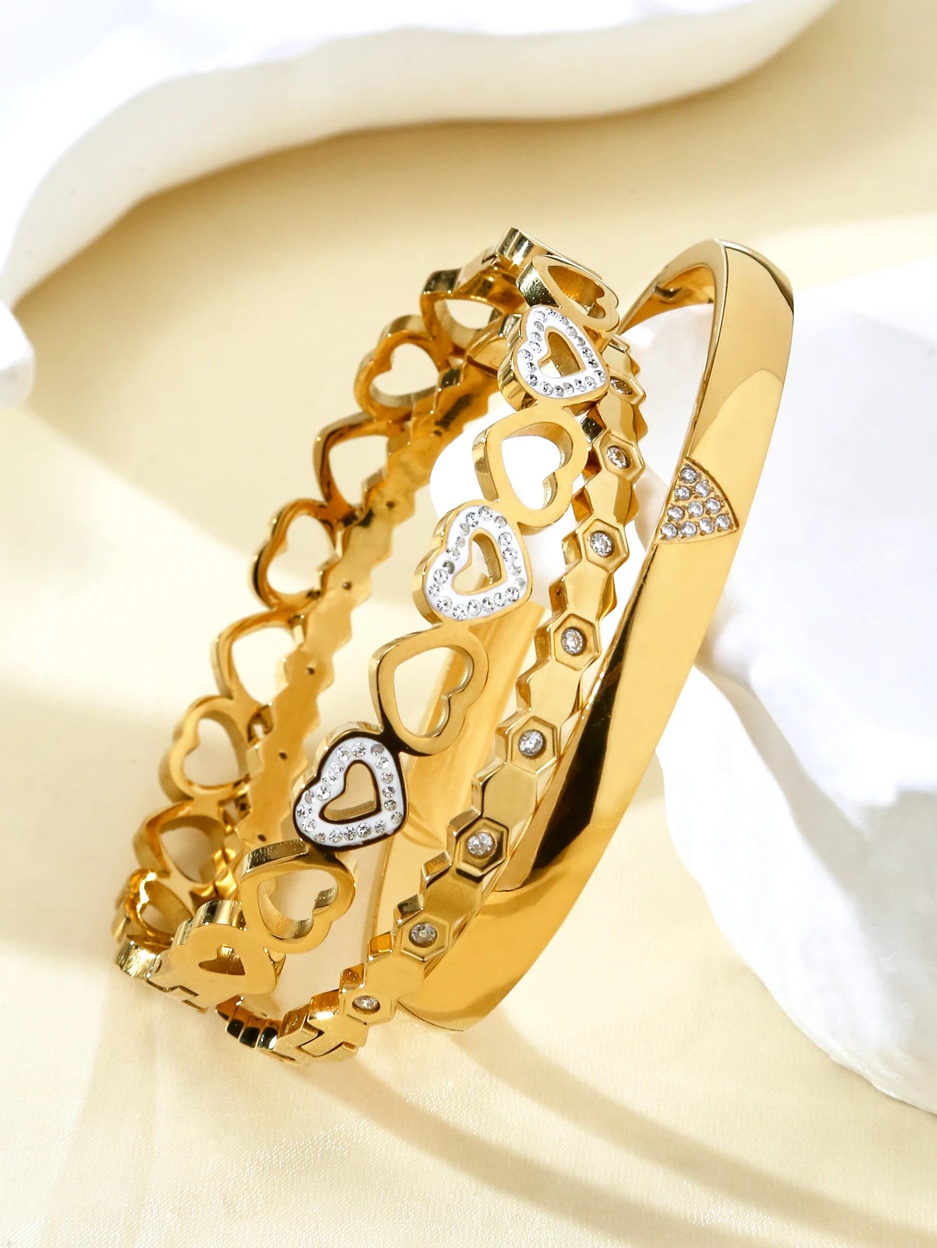 Gold Plated Stainless Steel Diamond-Encrusted Triangle Honeycomb and Heart-Shaped Bangle Bracelets for Women