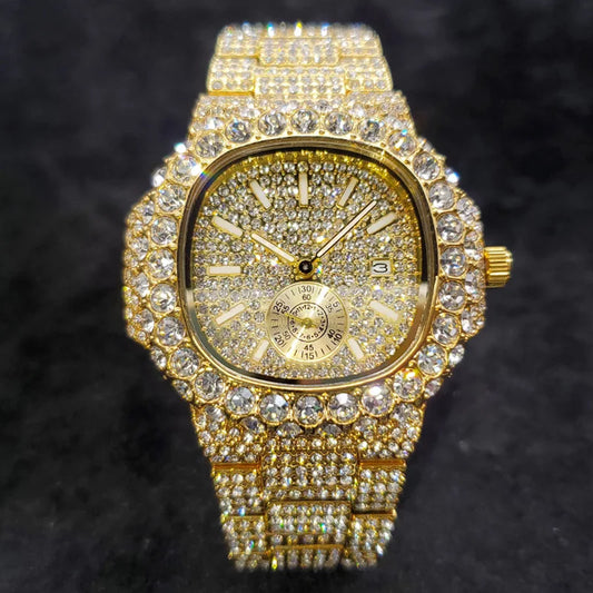 18K Gold Luxury Diamond Quartz Watches for Men with Date Clock