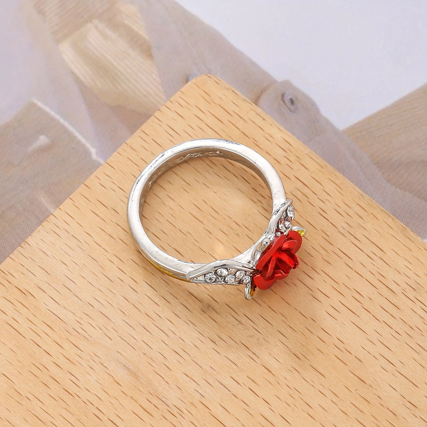 Red Rose Flower with Diamonds Gold/Silver Ring for Women