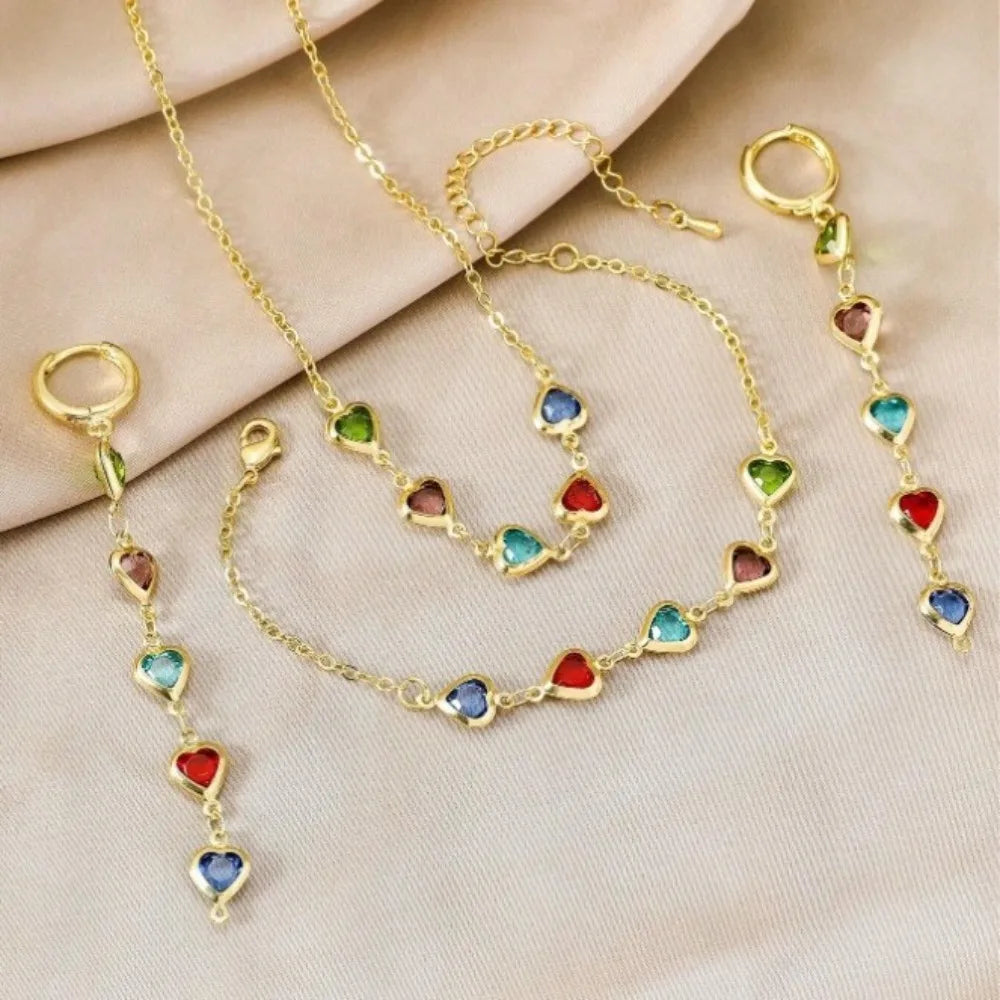 4Pcs Necklace, Bracelet and Earrings with Heart Shaped Colored Stones Jewellery Set