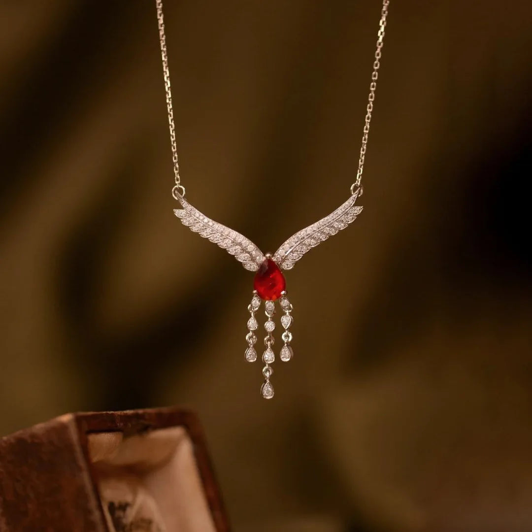 Luxurious Red Gemstone with Diamond Zircon Wings Pendant Necklace for Women