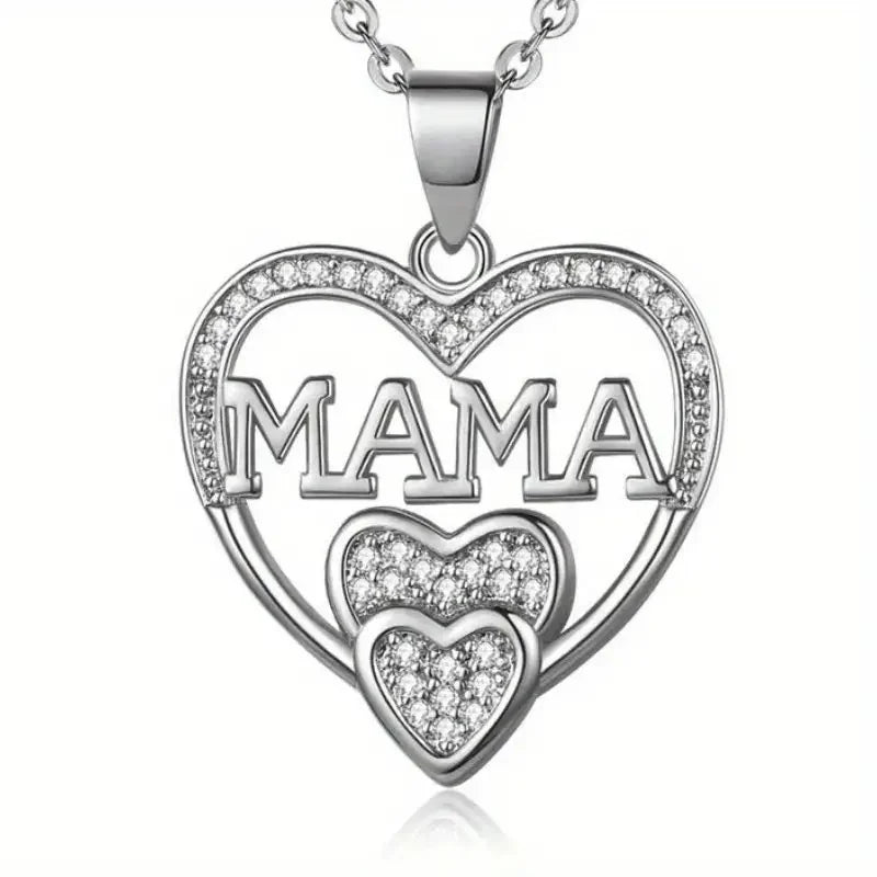 "MAMA" Zircon Heart with Two Tiny Hearts Pendant Necklace for Women
