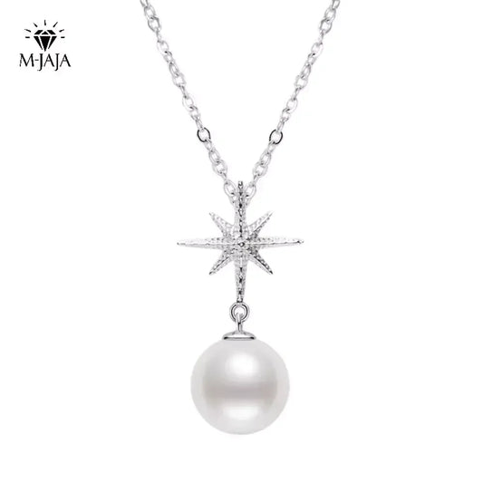 Silver Freshwater Pearl with Diamond Star Pendant Necklace for Women
