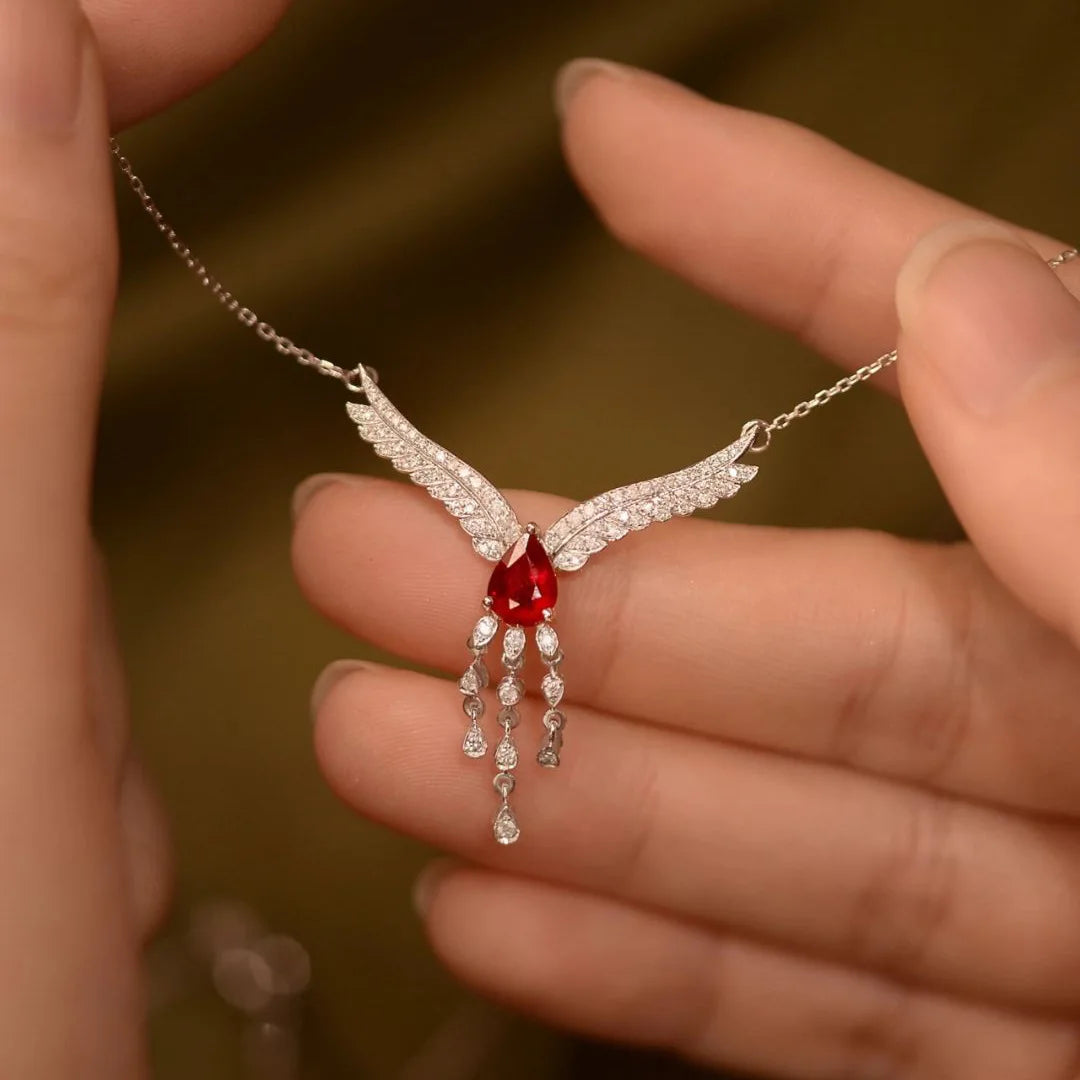 Luxurious Red Gemstone with Diamond Zircon Wings Pendant Necklace for Women