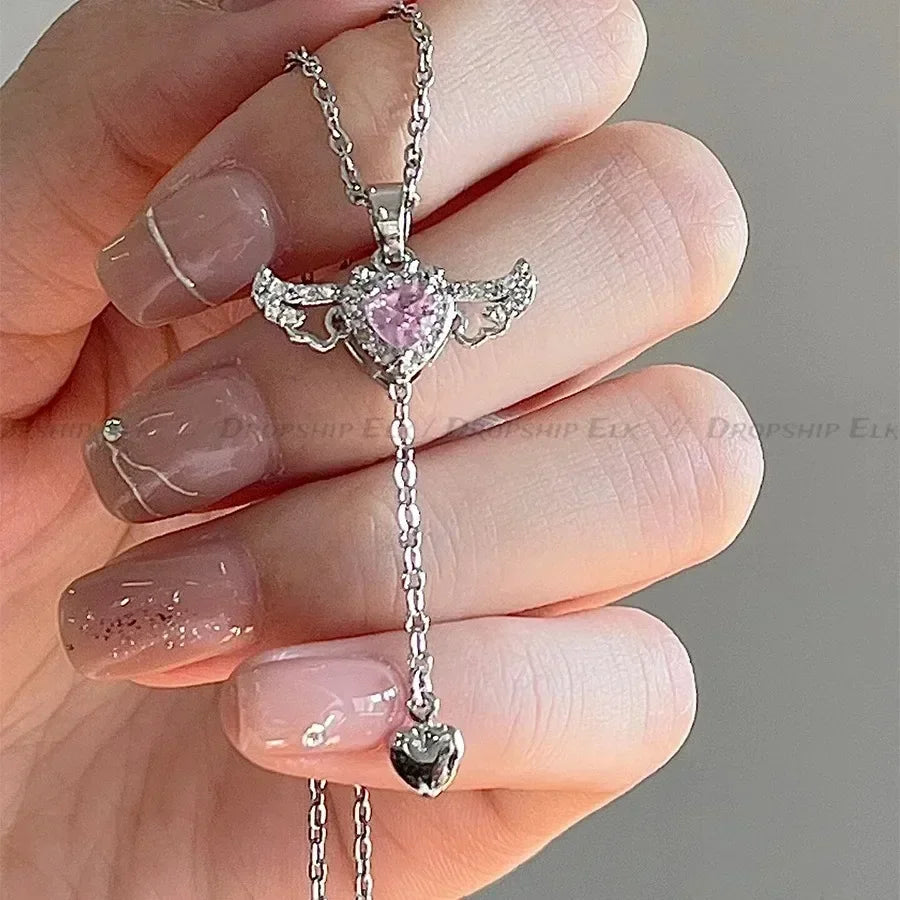 Heart with Angel Wings and Stone Pendant Necklaces for Women