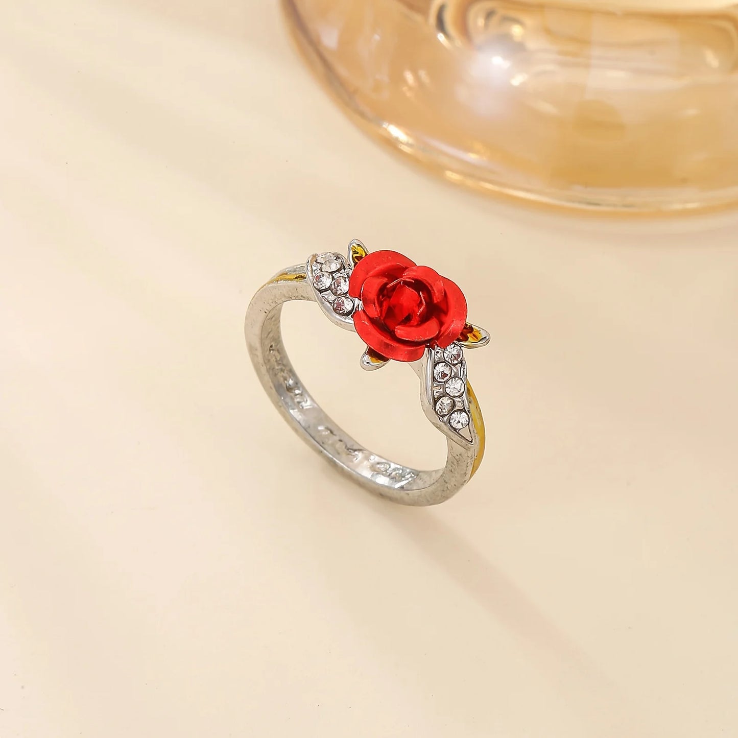 Red Rose Flower with Diamonds Gold/Silver Ring for Women