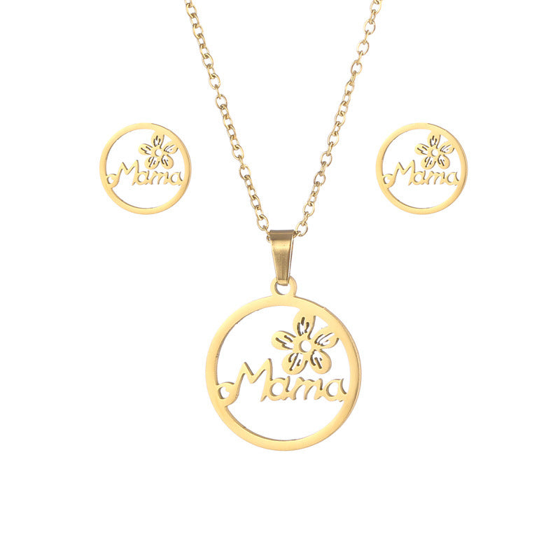 "Mama" Pendant Necklace and Earrings with Flower Set for Women