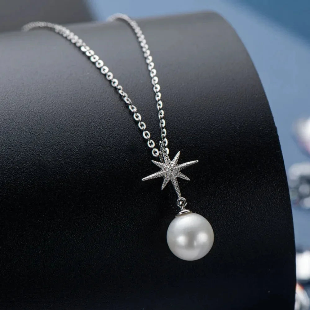 Silver Freshwater Pearl with Diamond Star Pendant Necklace for Women