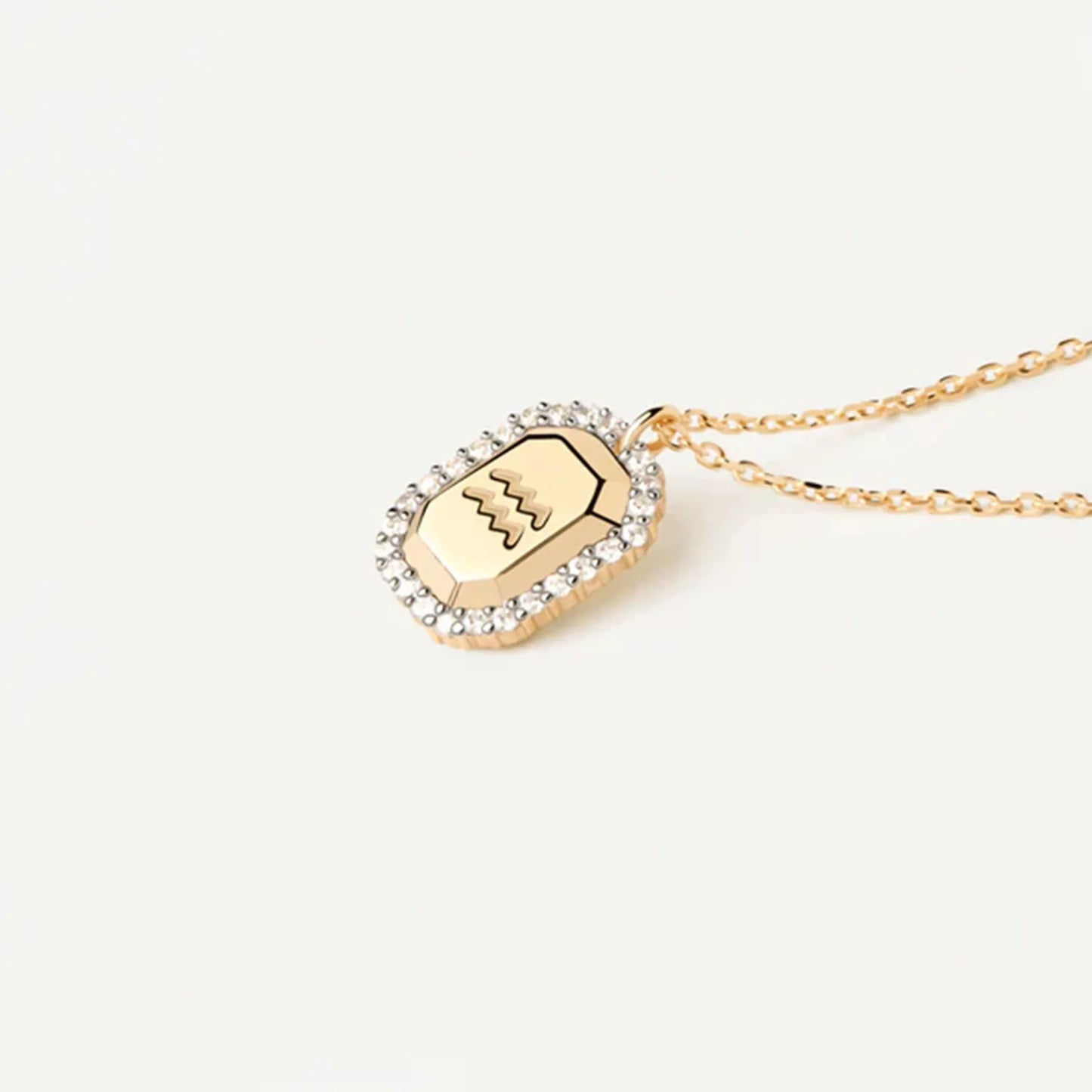 Zodiac Inlaid White Zircon Gold Square Pendant Necklace