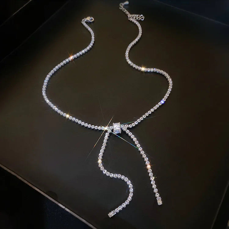 Diamond-Encrusted Zircon Bow Tie Necklace for Women