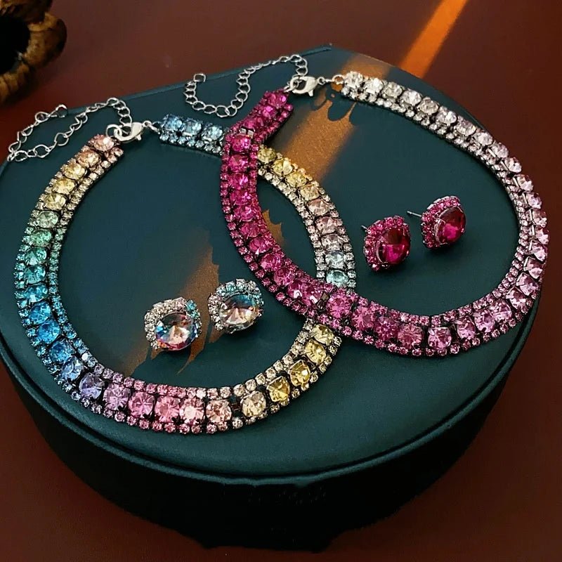 3-Piece Colorful Diamond-Encrusted Necklace and Earrings Jewellery Sets for Women