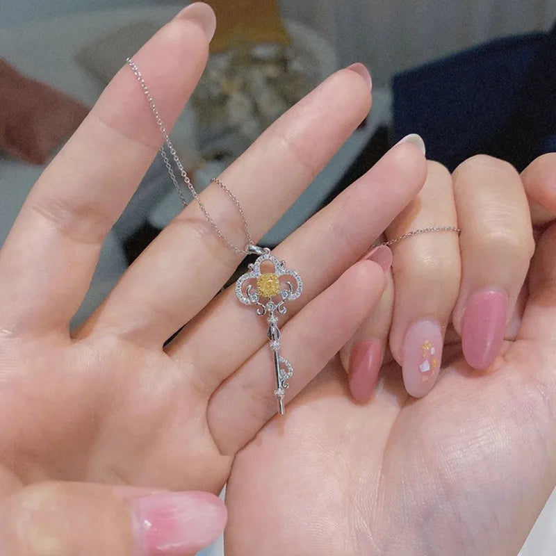 Luxury Silver Yellow Diamond Key Pendant Necklace for Women