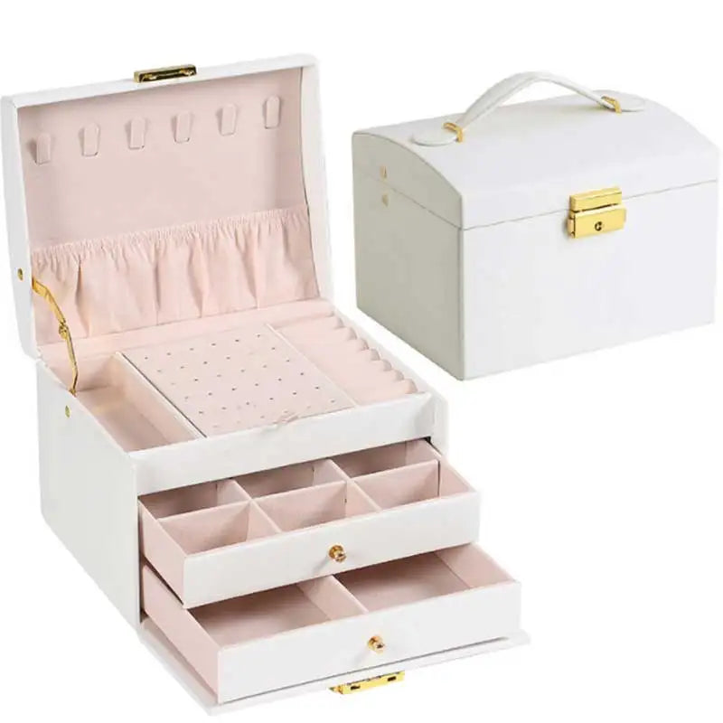Three Drawer Leather Jewellery Box with Handle and Security Key Lock