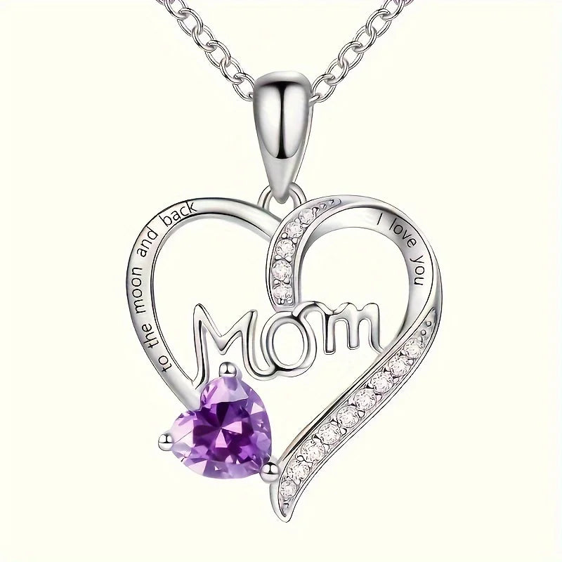 "Mom I Love You to the Moon and Back" Engraved Pendant Necklaces with Colored Heart Stones for Women