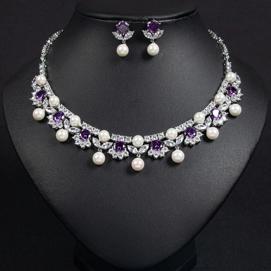 3Pcs Pearl Silver Colored Zirconia Necklace and Earrings Jewellery Sets