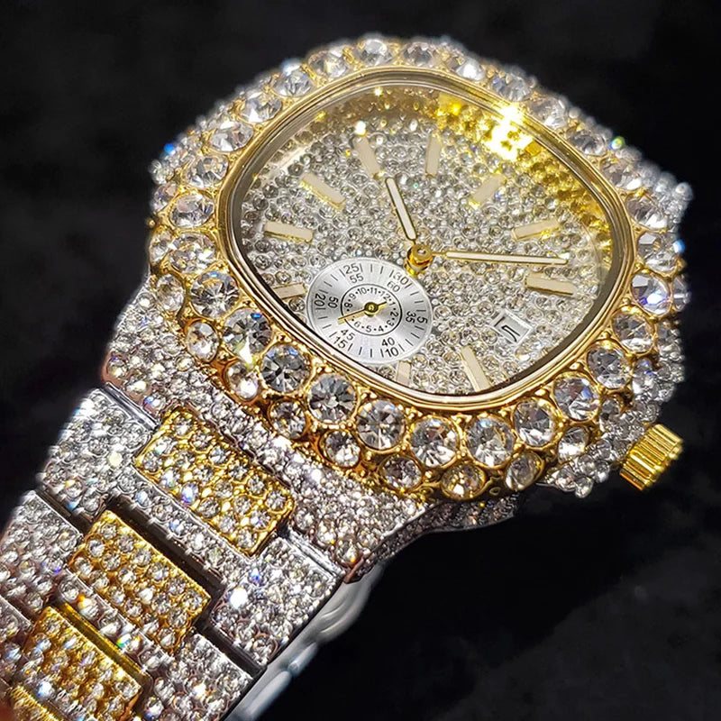 18K Gold Luxury Diamond Quartz Watches for Men with Date Clock