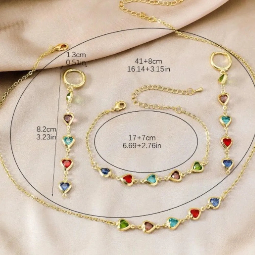 4Pcs Necklace, Bracelet and Earrings with Heart Shaped Colored Stones Jewellery Set