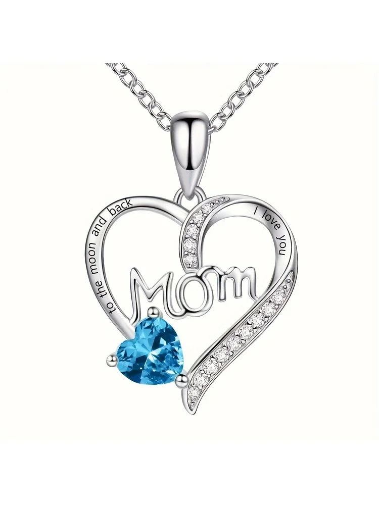"Mom I Love You to the Moon and Back" Engraved Pendant Necklaces with Colored Heart Stones for Women