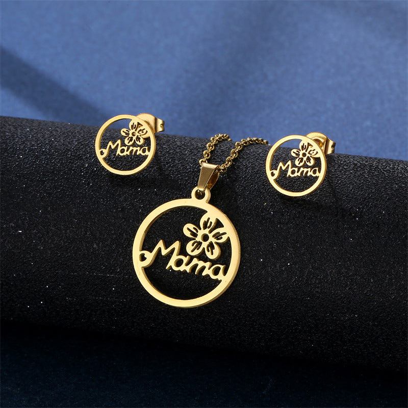 "Mama" Pendant Necklace and Earrings with Flower Set for Women