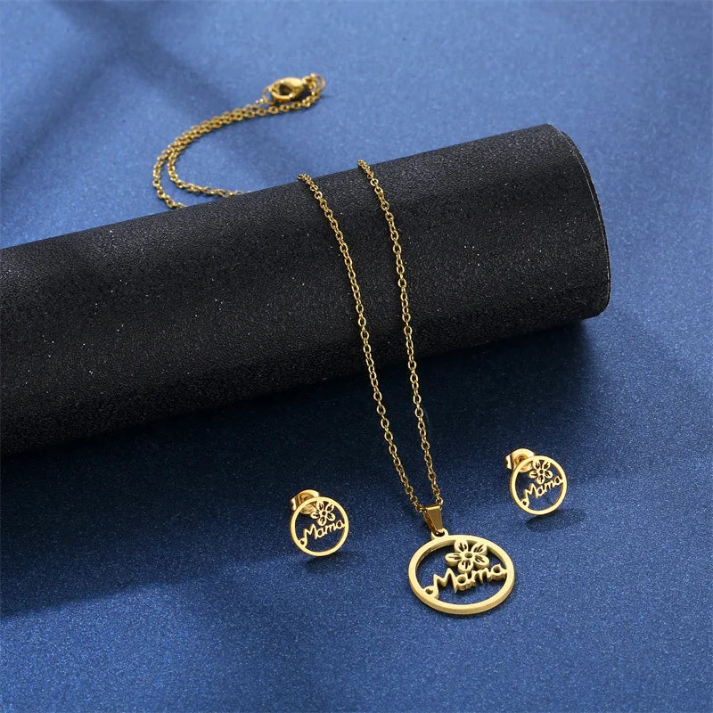 "Mama" Pendant Necklace and Earrings with Flower Set for Women