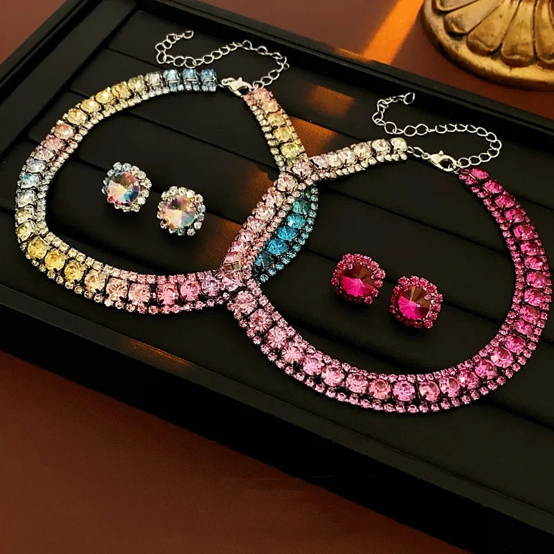 3-Piece Colorful Diamond-Encrusted Necklace and Earrings Jewellery Sets for Women