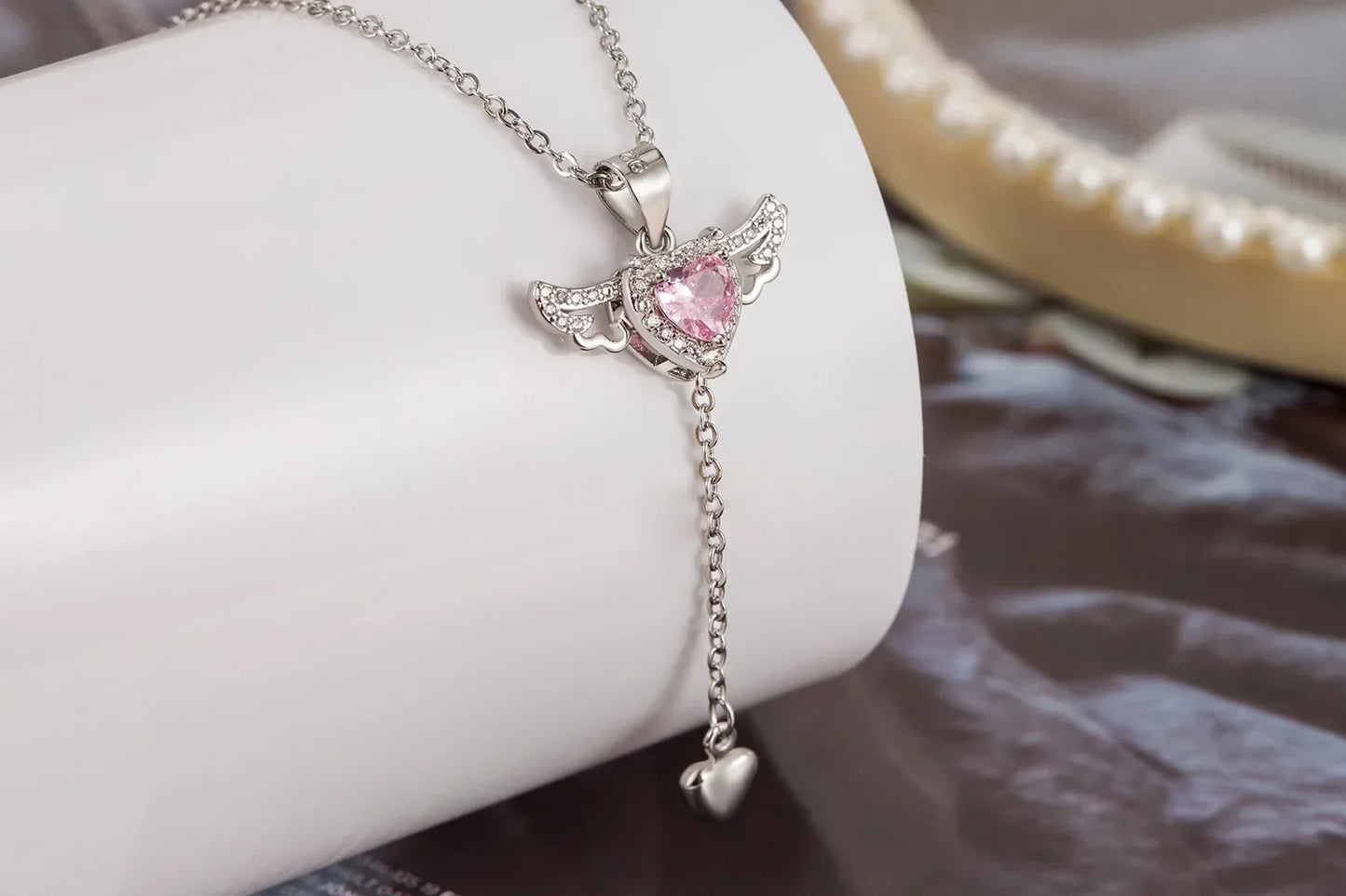 Heart with Angel Wings and Stone Pendant Necklaces for Women