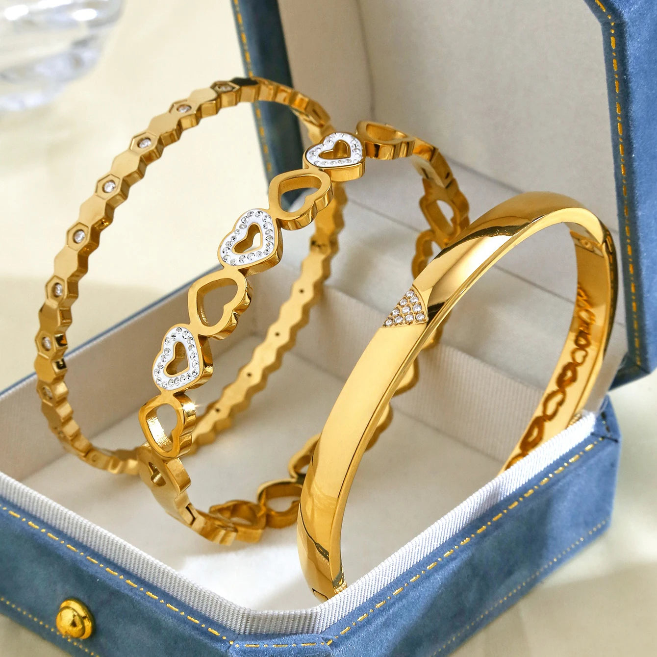 Gold Plated Stainless Steel Diamond-Encrusted Triangle Honeycomb and Heart-Shaped Bangle Bracelets for Women