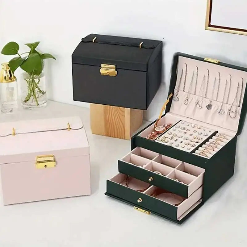 Three Drawer Leather Jewellery Box with Handle and Security Key Lock