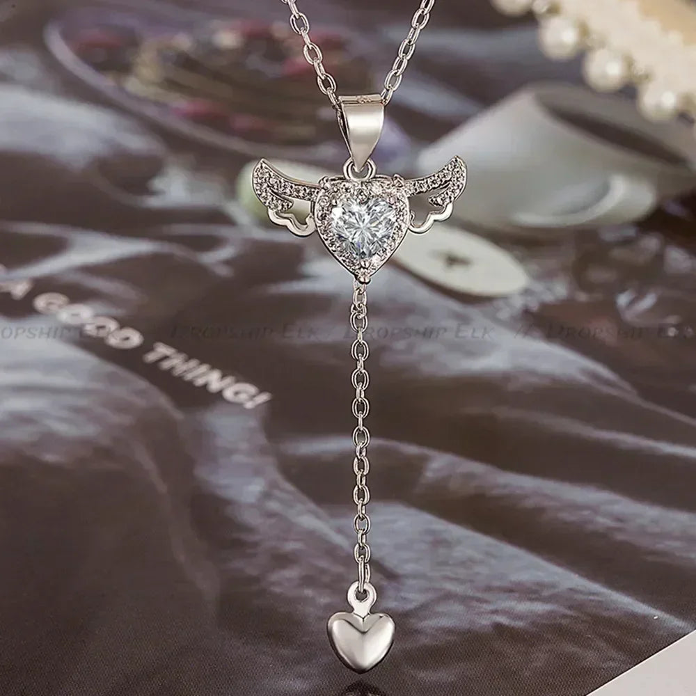 Heart with Angel Wings and Stone Pendant Necklaces for Women