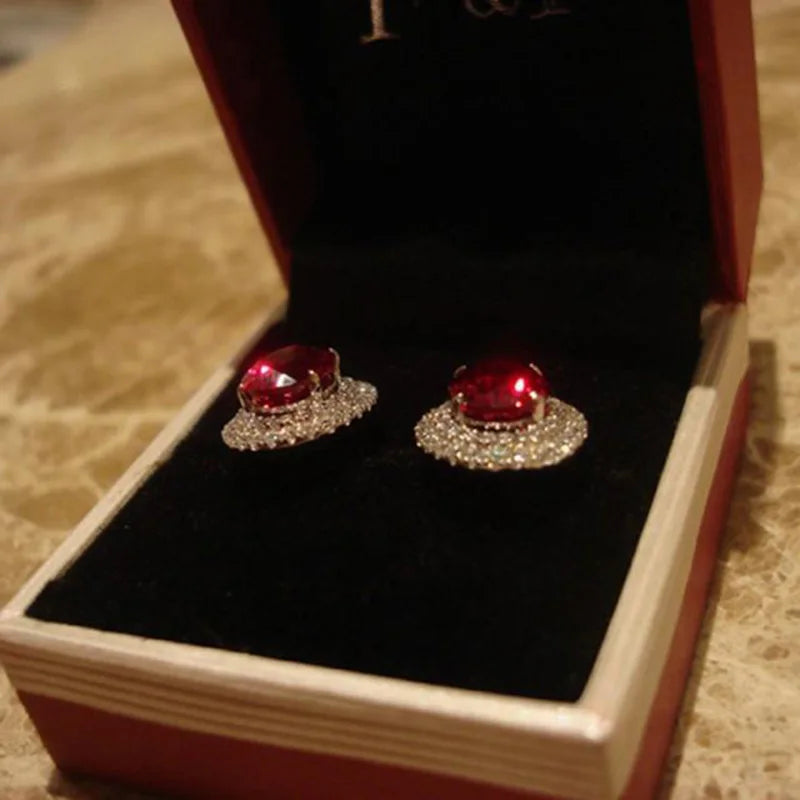 Silver Stud Earrings with Red Stone and Zircon Diamonds for Women