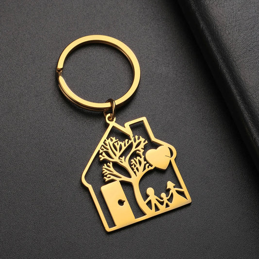 House Shape Keychain with Tree and Family Image