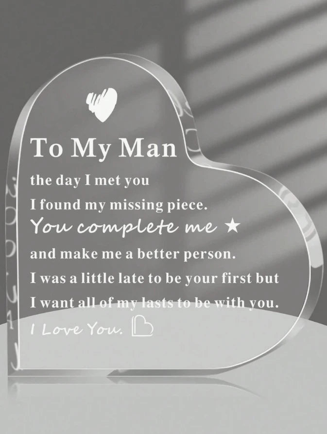 "To My Man" Engraved Heart-Shaped Glass Plaque