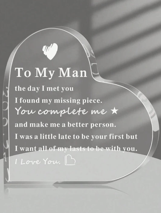 "To My Man" Engraved Heart-Shaped Glass Plaque