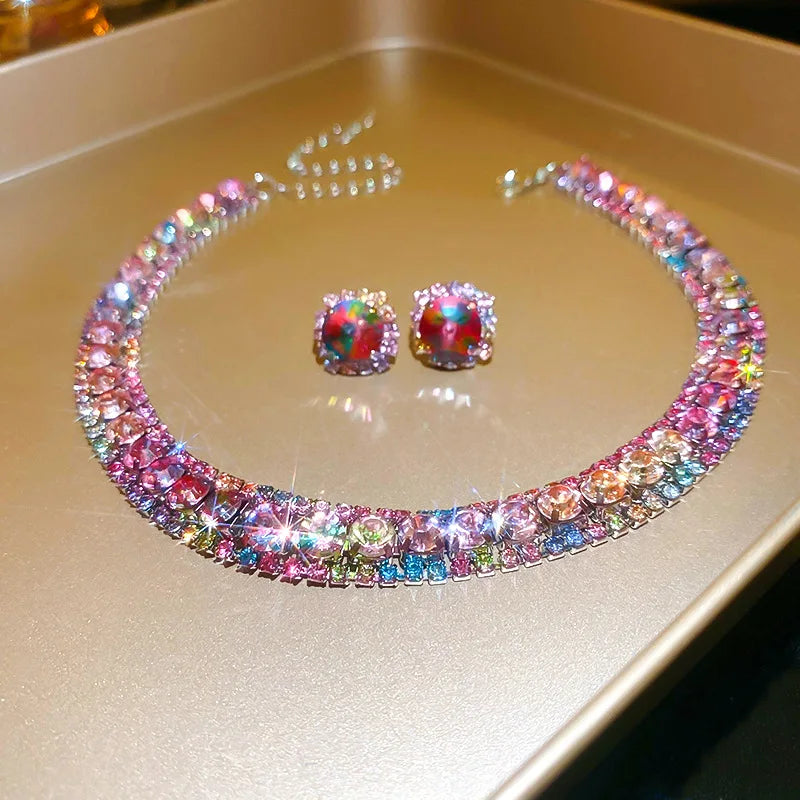 3-Piece Colorful Diamond-Encrusted Necklace and Earrings Jewellery Sets for Women