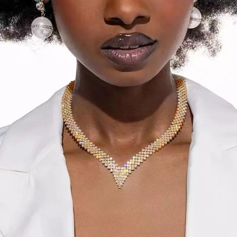 Luxury V-Shape Silver or Gold Zircon Diamond Necklace for Women