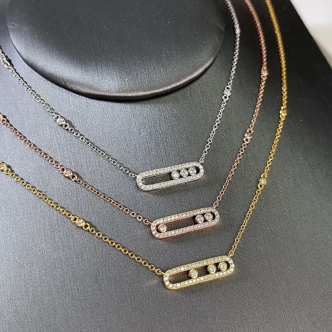 Silver or Gold Three Zircon Balls Moving in Oval Pendant Necklaces for Women