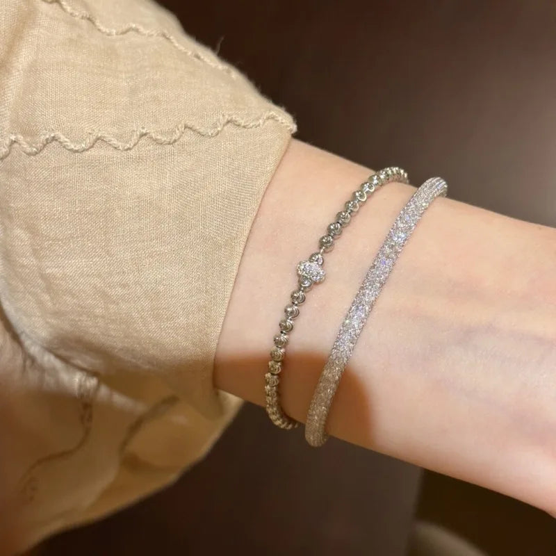 Luxury Silver or Gold Zircon Round Beads Bracelet with Circle Charm for Women