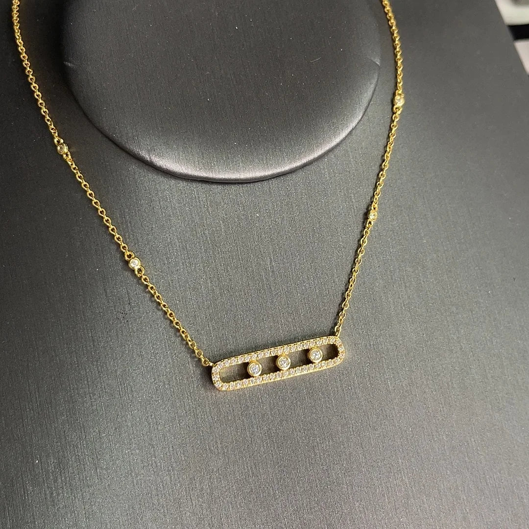 Silver or Gold Three Zircon Balls Moving in Oval Pendant Necklaces for Women