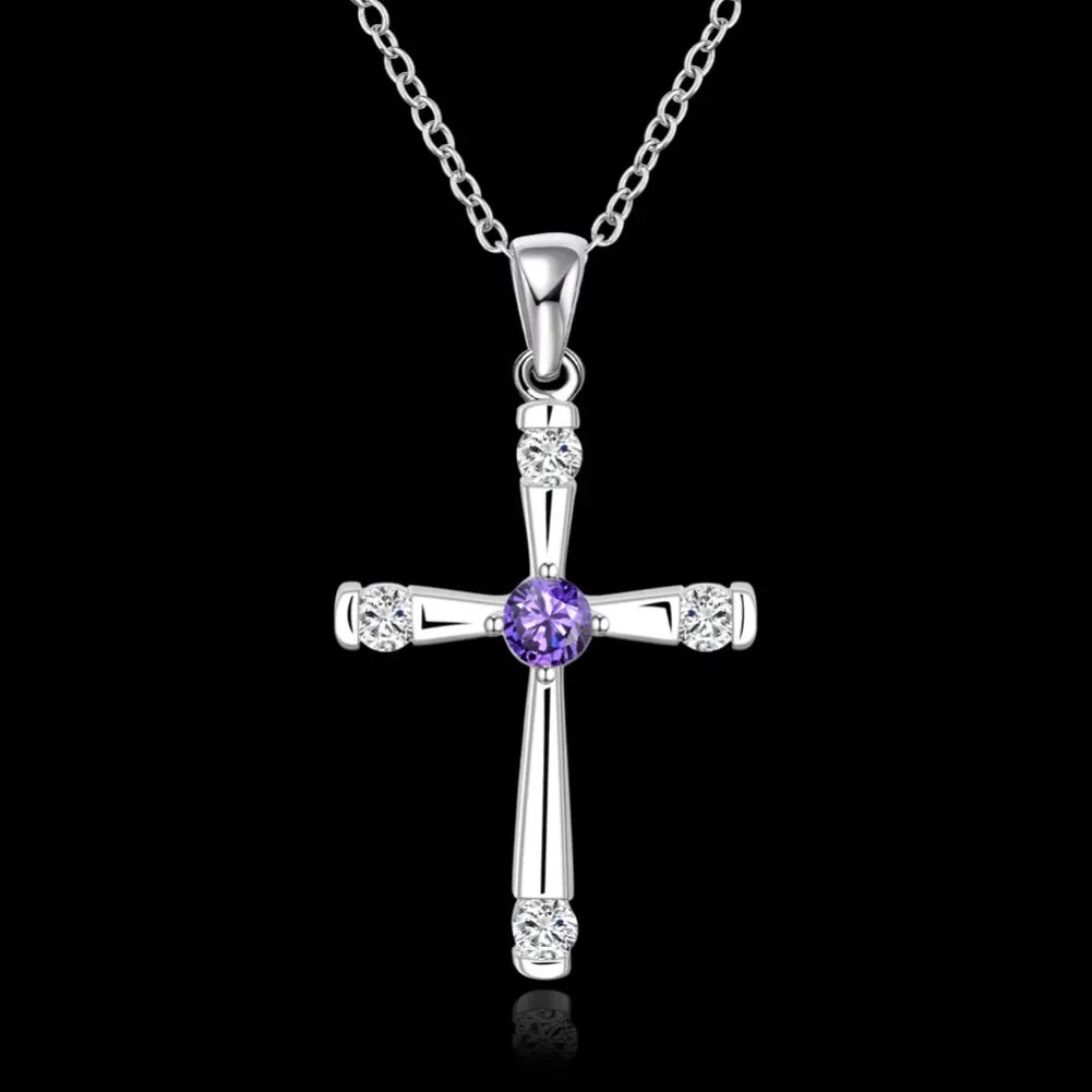 Silver Cross with Purple Center Diamond Stone Pendant Necklace for Women