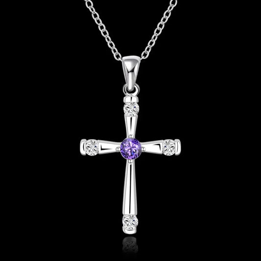 Silver Cross with Purple Center Diamond Stone Pendant Necklace for Women