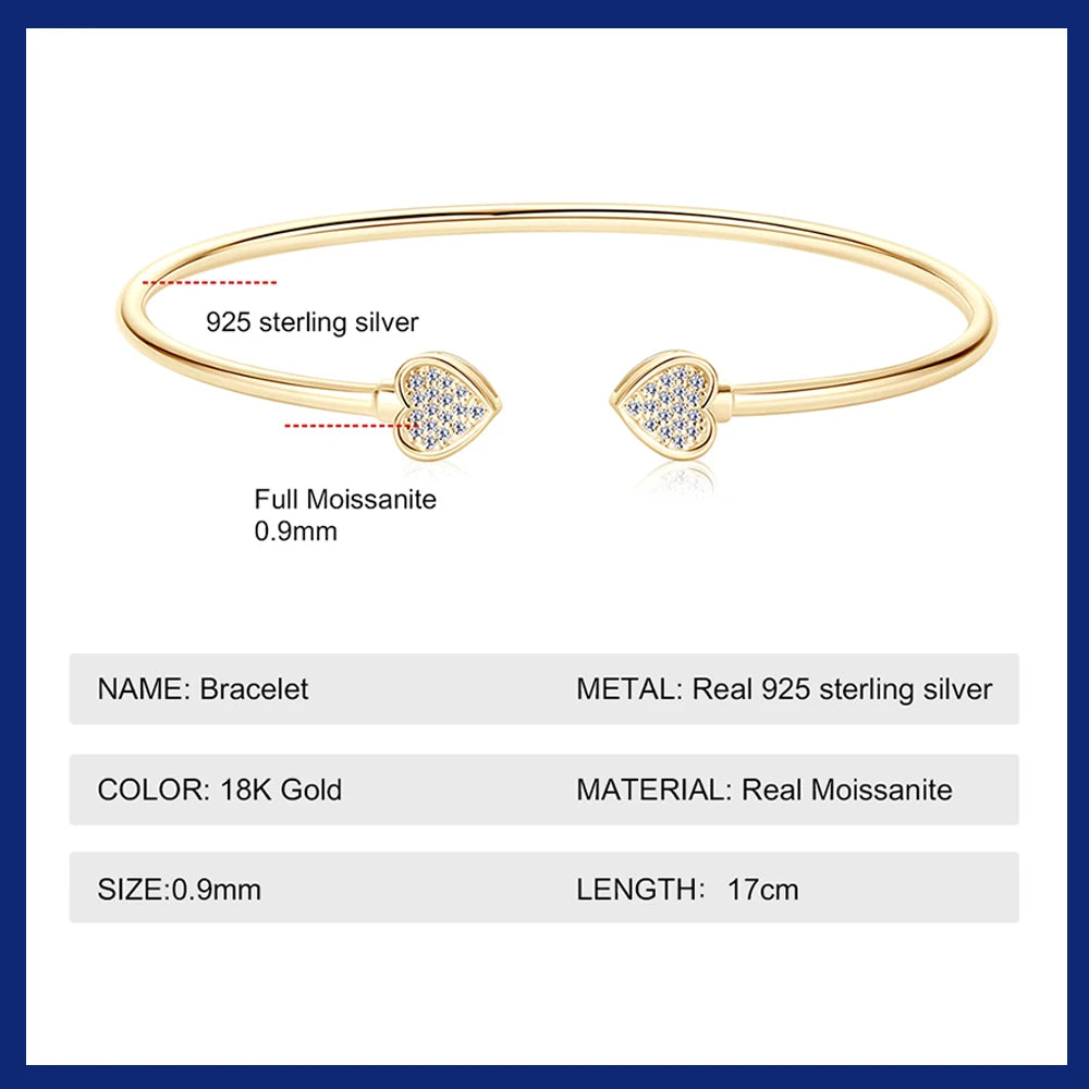 Silver or 18K Gold 0.5CT Moissanite Diamond Center Stone or Double Heart Bangle Bracelets for Women