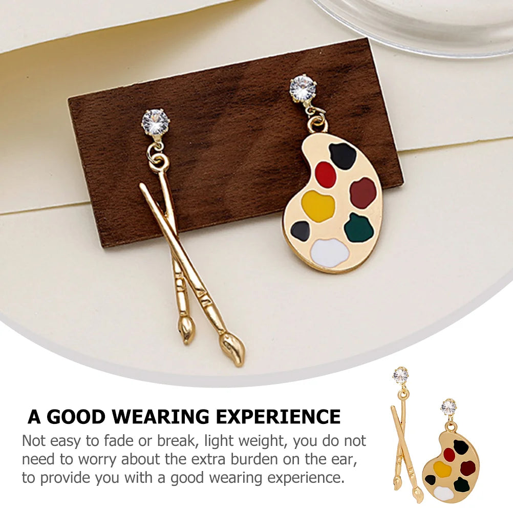 Painter Brush and Palette Drop Artist Earrings with Crystal Stones