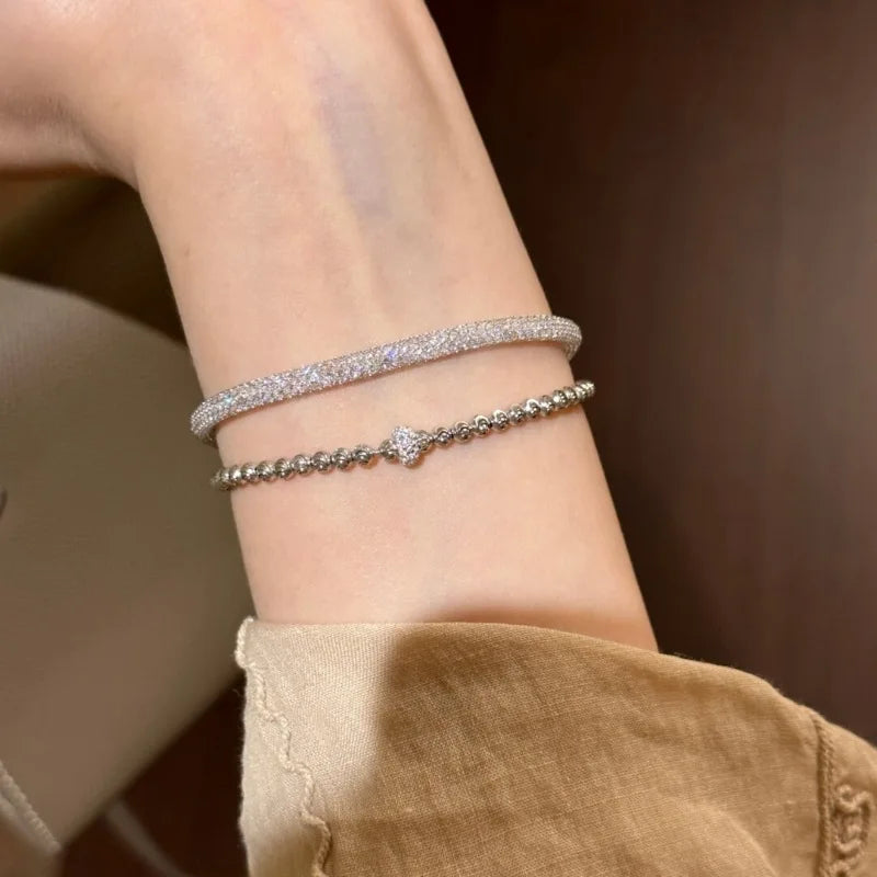 Luxury Silver or Gold Zircon Round Beads Bracelet with Circle Charm for Women