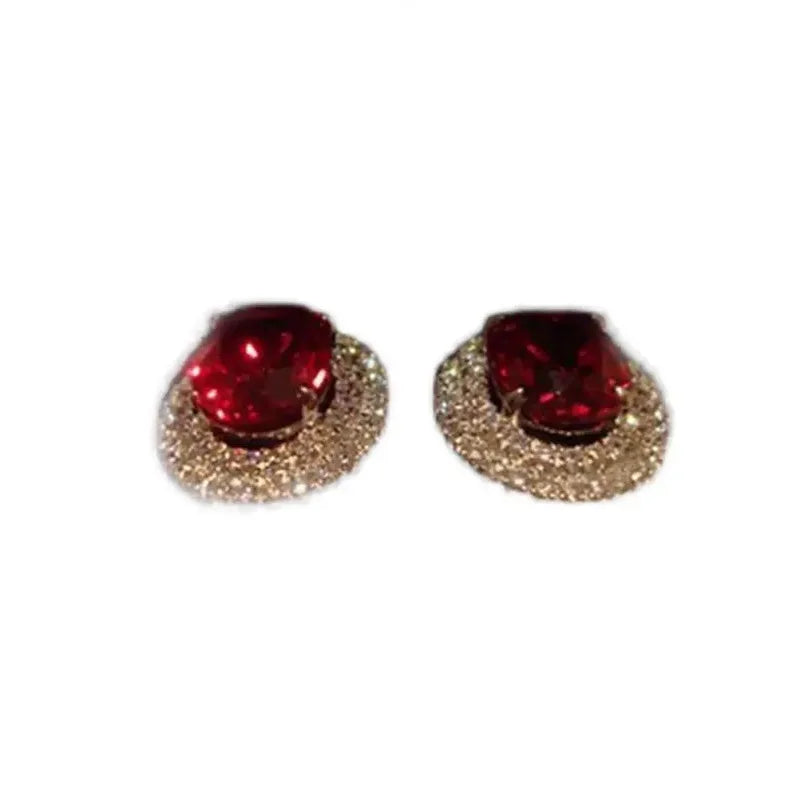 Silver Stud Earrings with Red Stone and Zircon Diamonds for Women