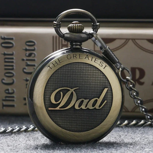 "The Greatest Dad" Engraved Vintage Quartz Roman Numeral Pocket Watch with Chain for Men