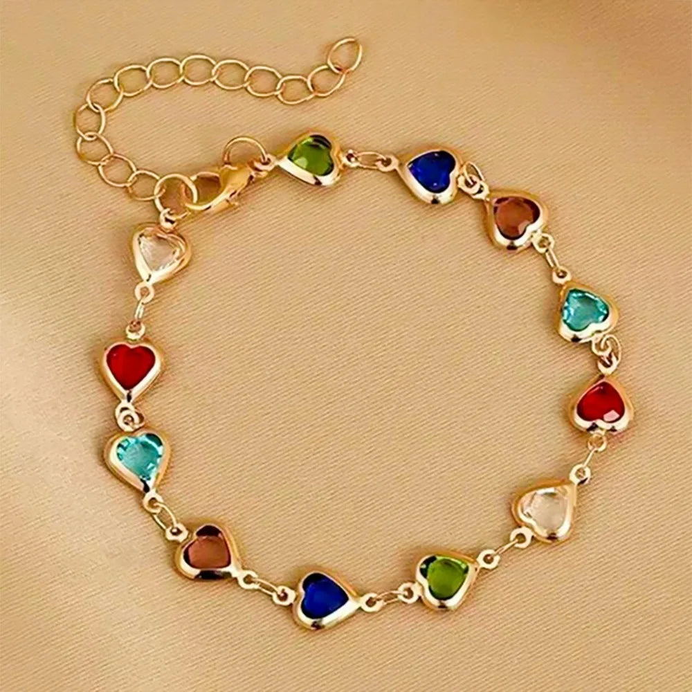 4Pcs Necklace, Bracelet and Earrings with Heart Shaped Colored Stones Jewellery Set